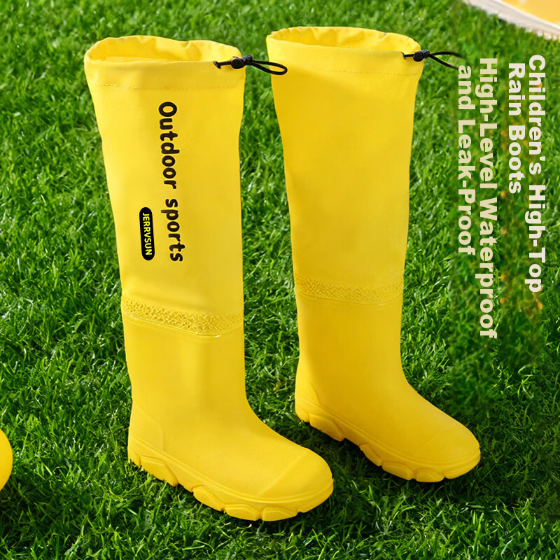 Aphrodite Outdoor Drawstring High Tube Rain Boots Knee-High Waterproof Non-Slip School Shoes for Boys and Girls Yellow Size 23-24