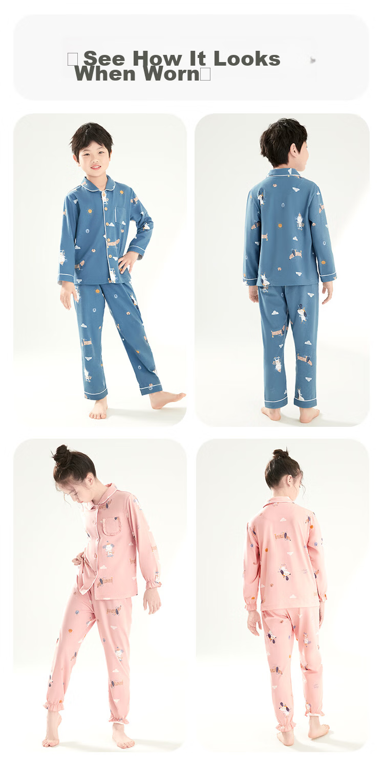 Hodohome Children's Pajamas Girls Cotton Spandex Loungewear Cartoon All-Over Print Long-Sleeve Cardigan Set 116 160 18