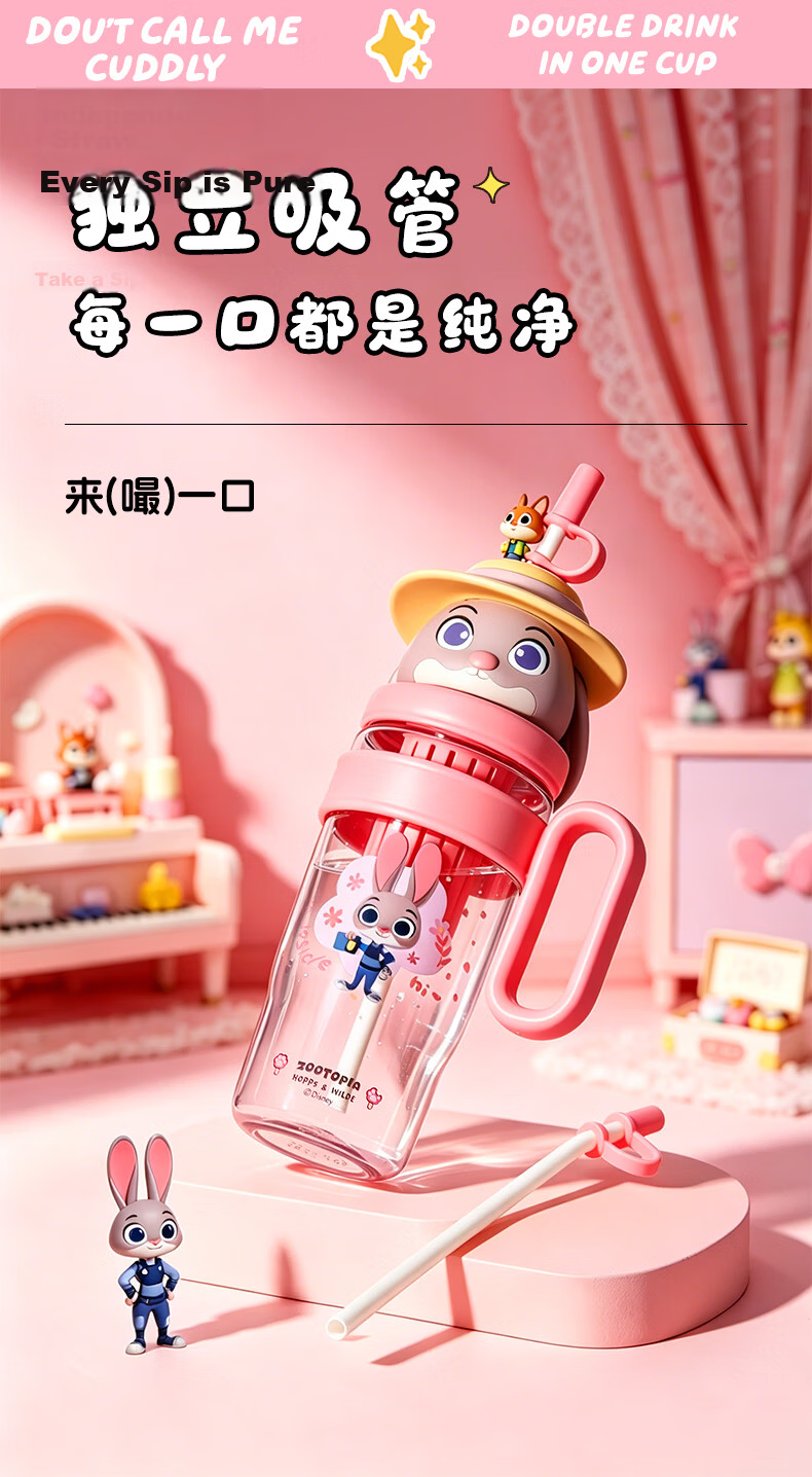 Disney High-Quality Straw Water Bottle for Women, Summer Durable Plastic Large Capacity Portable Cartoon Kids Drinking Cup 11