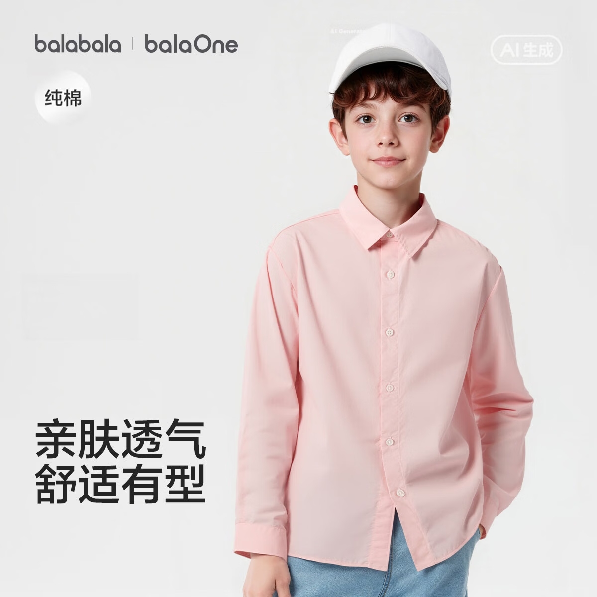 Balabala Boys' Long Sleeve Shirt with Turn-Down Collar Baby 2026 New Spring Curved Hem Pure Cotton Skin-Friendly Versatile Top