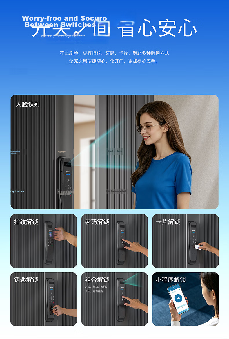 PHILIPS Blue Shield Upgraded Smart Door Lock with Facial Recognition, Peephole, Large Screen, Fingerprint Lock, Electronic Lock 702FVP-P 9