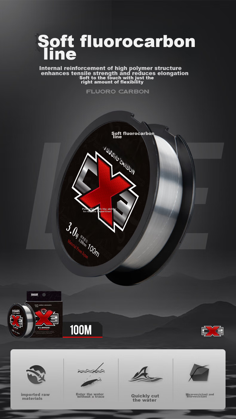 Guowangliya Fishing Line, Carbon Fiber Leader Line, Sub-Line Softening Teflon Line, 100 Meters Main Line, Anti-Bite Wear-Resistant, Size 2.0 1