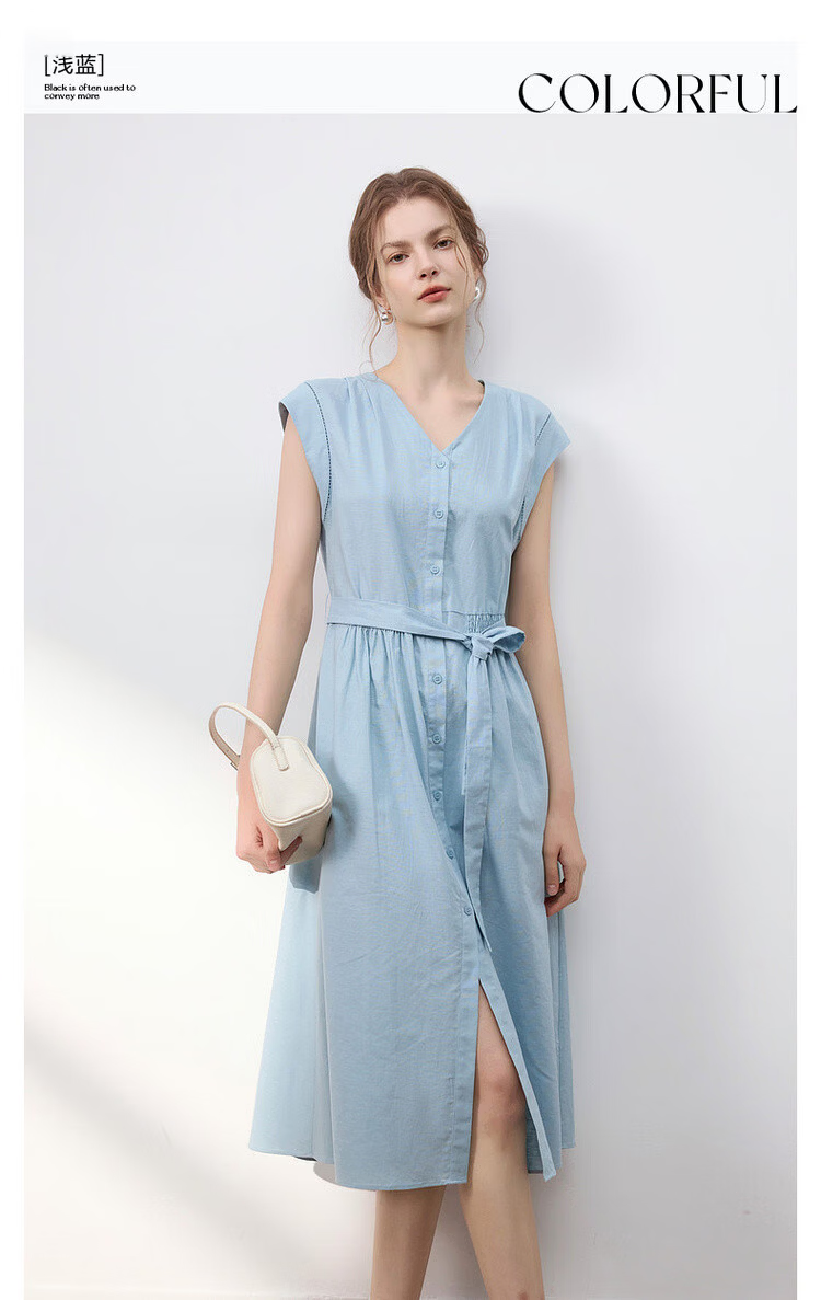 Demana [With Linen Cotton] Summer Commuter Style Lace Splice Cap Sleeve V-Neck Waist Cinched A-Line Mid-Length Dress for Women 3