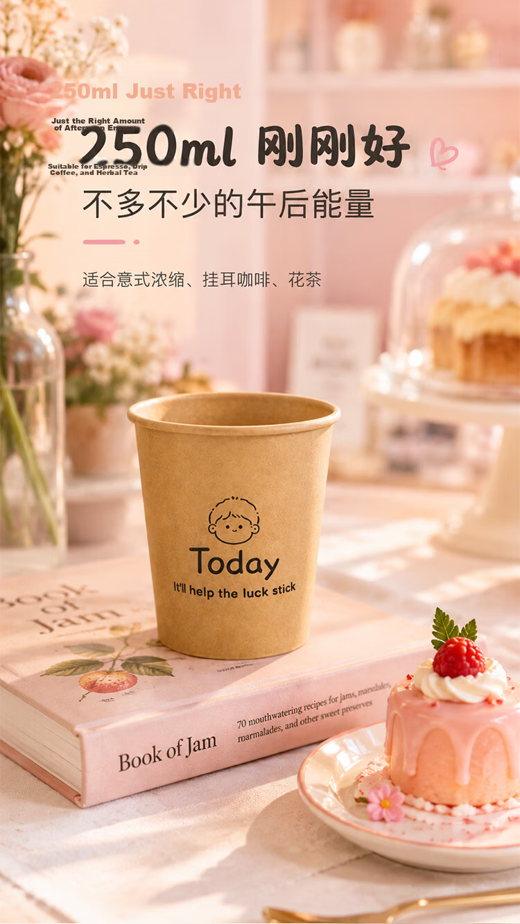 SHUANG YU Kraft Paper Disposable Cups Natural Color Thickened Household Office Reception Water Cups 250ml*100pcs 5