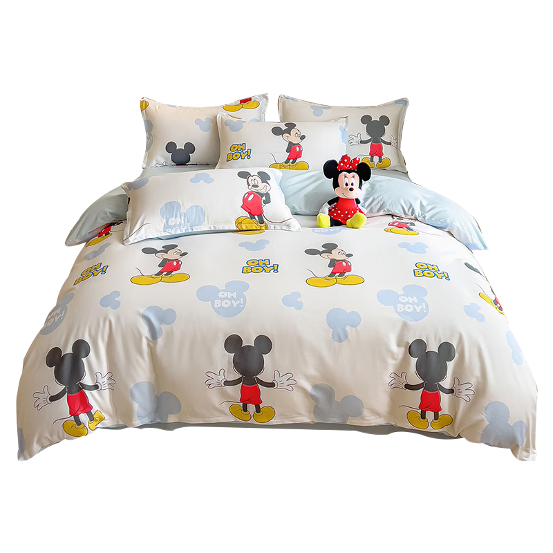 Disney Cute Mickey Cartoon Style 100% Cotton Four-Piece Kids Bedding Set, Pure Cotton Duvet Cover 200x230cm, Disney Bed Linen