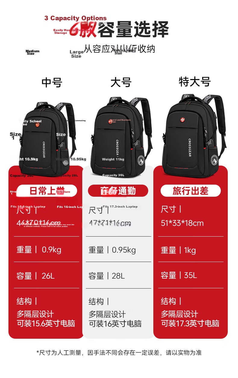 CROSSGEAR Swiss Army Knife Business Travel Large Capacity 16-inch Laptop Backpack Men's Student School Bag 24