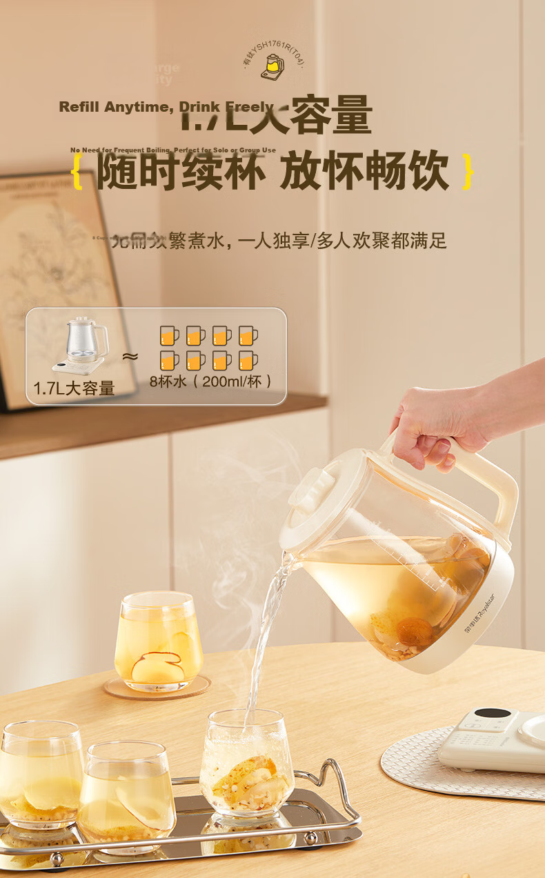 Royalstar Health Pot Electric Kettle Temperature Control Kettle Electric Water Boiler Office Home Tea Kettle with Titanium Coating Insulation Integrated YSH1761R (T04) 10
