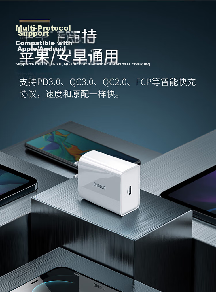 Baseus Apple Charger PD 20W Type-C Fast Charger for iPhone 13 Pro Max/12/11/XS Huawei Xiaomi Phones Tablets Compatible 18W Plug Black 6