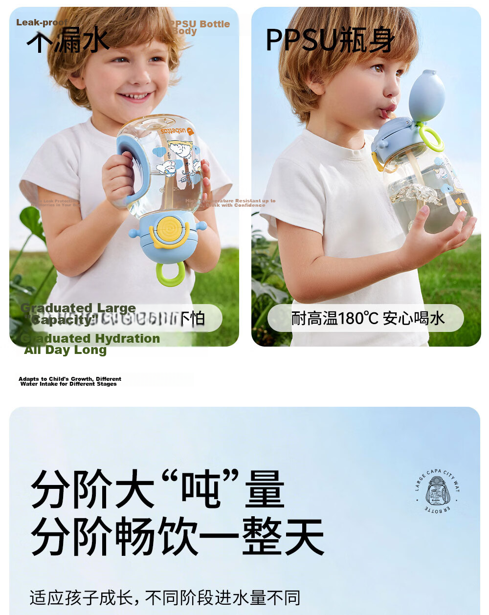 Beitais TonTon Bucket Children's Straw Cup Baby Direct Drinking Kindergarten Water Bottle Spring Summer Outing 2 Years PPSU Soft Cloud Blue 4