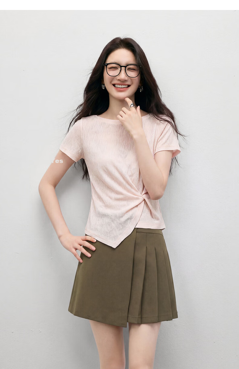Shangdubila Tailored Twist Fashion T-Shirt Women Summer Off-Shoulder Irregular Slim Fit Stretch Textured Knitwear 23
