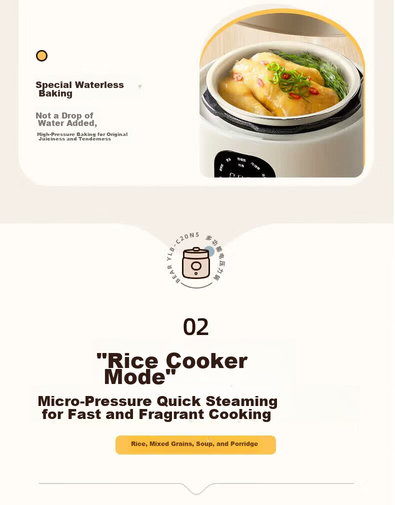 Bear Electric Pressure Cooker Multi-Functional Rice Cooker High-Pressure Pot [Stew, Steam, Boil All-in-One] Fully Automatic YLB-C20N5 2L 14