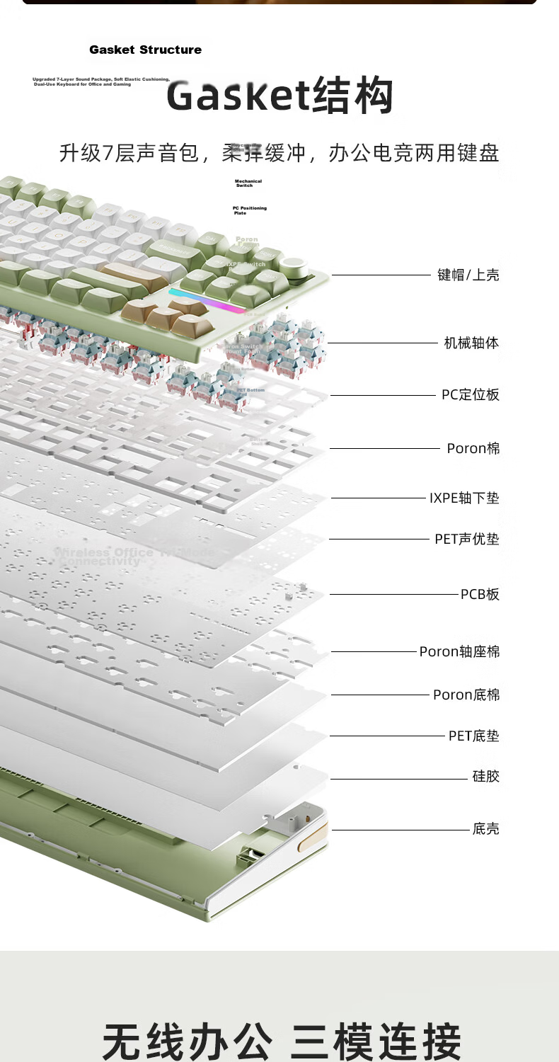 KZZI Z87 [Jinshu 87] Tri-mode Wireless Mechanical Keyboard 88-Key Gaming Keyboard Customizable Office Keyboard Bluetooth Wired Silent Switch Glacier Blue RGB Peach Pink Switch 7