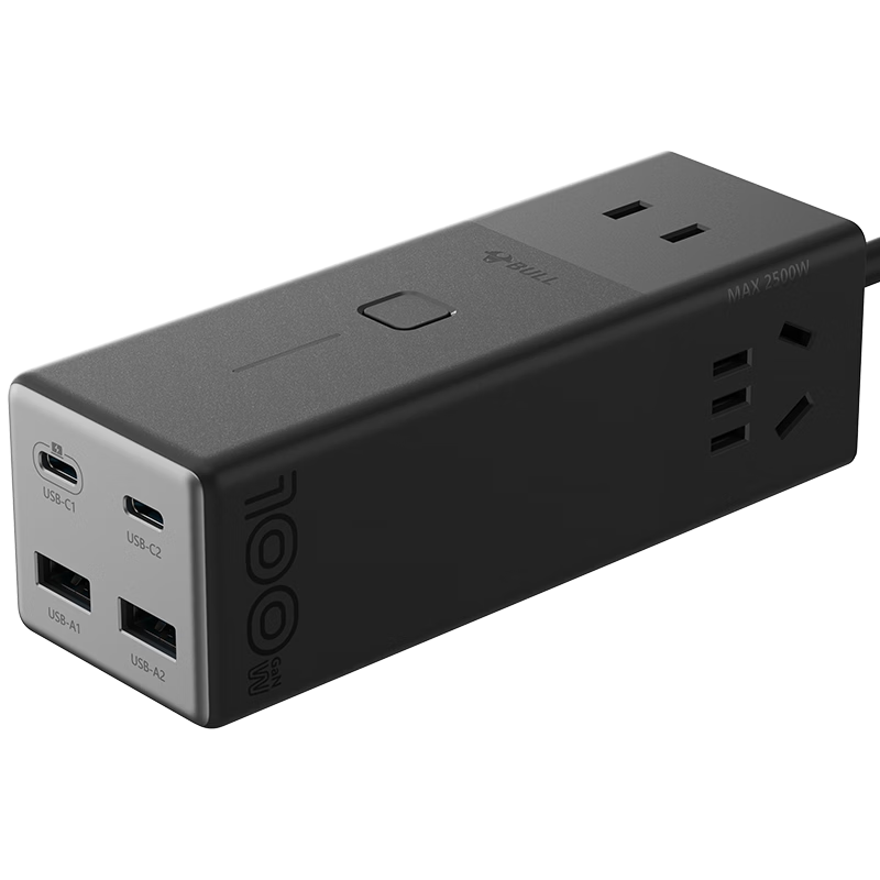 BULL Gallium Nitride 100W Apple Fast Charging Laptop Socket/USB Power Strip/Surge Protector/Power Bar/Desktop Charging Station, Master Control 2C2A + 3 Outlets