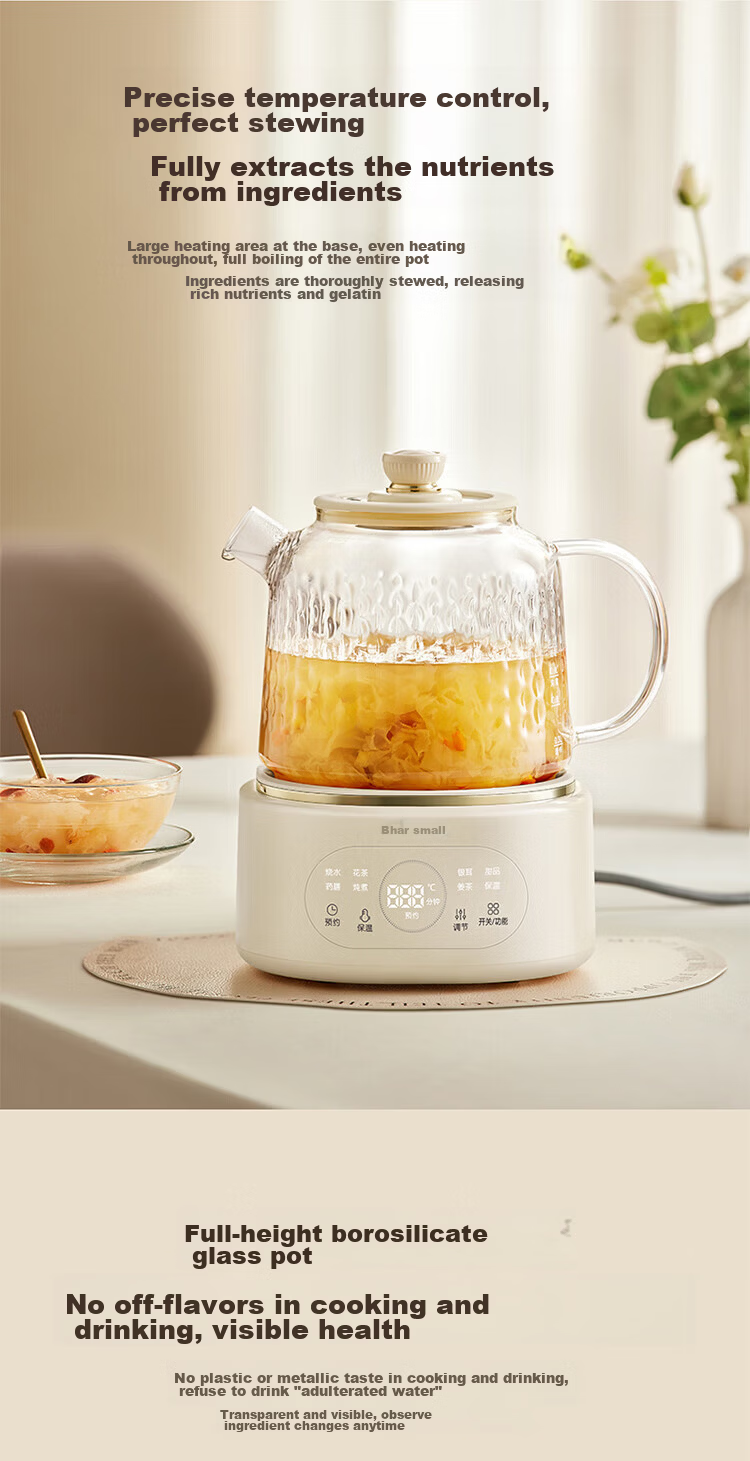 Bear Full Glass Health Pot Thermostatic Kettle YSH-P10Q7 Multifunctional Office Tea Kettle Flower Tea Pot Health Cup 24h Insulation 1L 8