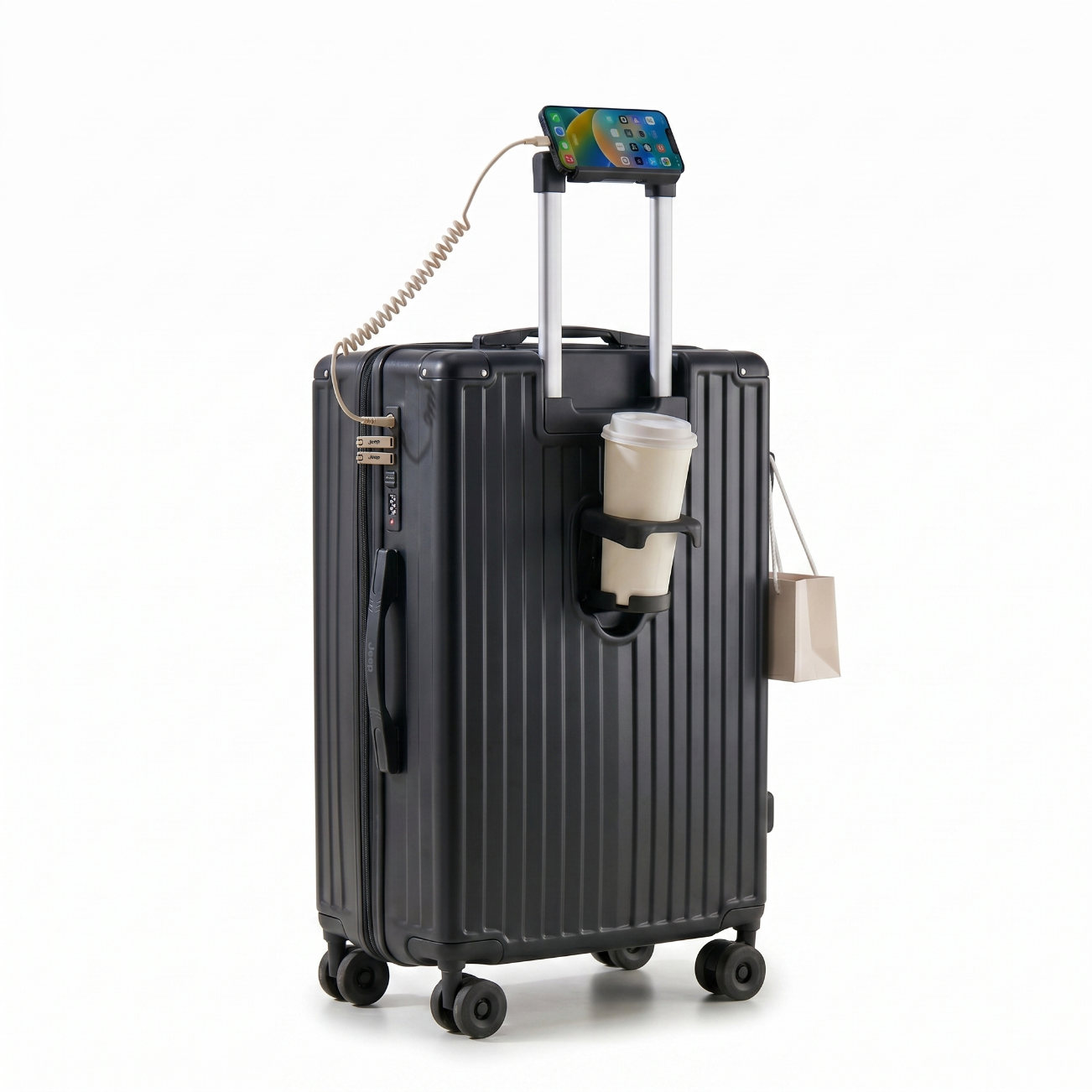JEEP Large Capacity Luggage Suitcase Travel Bag Unisex Multifunctional Checked Password Lock Leather Case 24-inch Night Black