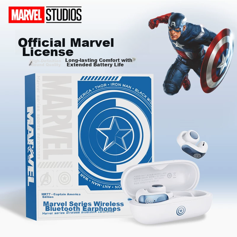 Disney Marvel Bluetooth Clip-On Bone Conduction Wireless Earphones Comfortable Long-Lasting High-Quality Sound Birthday Gift for Apple Huawei MR77 Captain America