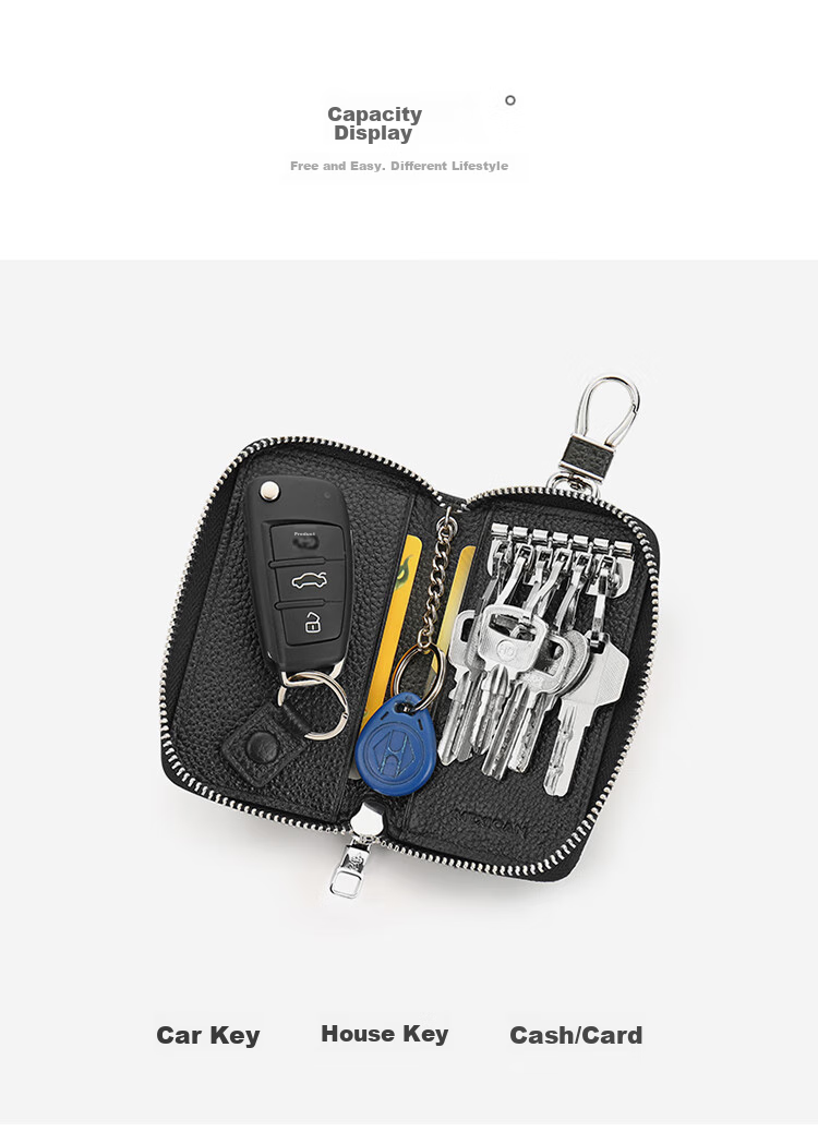 MEXICAN Car Key Case, Unisex Leather Card Holder with Zipper, Coin Purse, Multifunctional Key Ring, Black 5