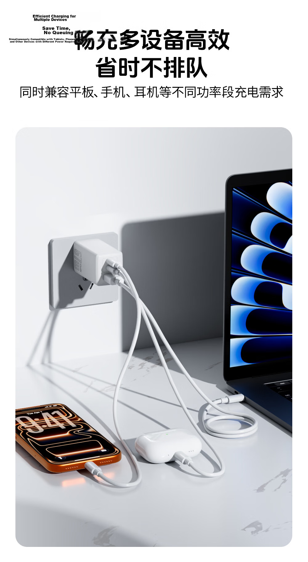 Beimo 67W/65W GaN Charger Triple Port Fast Charging USB/Type-C PD40/45W Compatible for iPhone 17 Pro Max Huawei Xiaomi iPad White 4