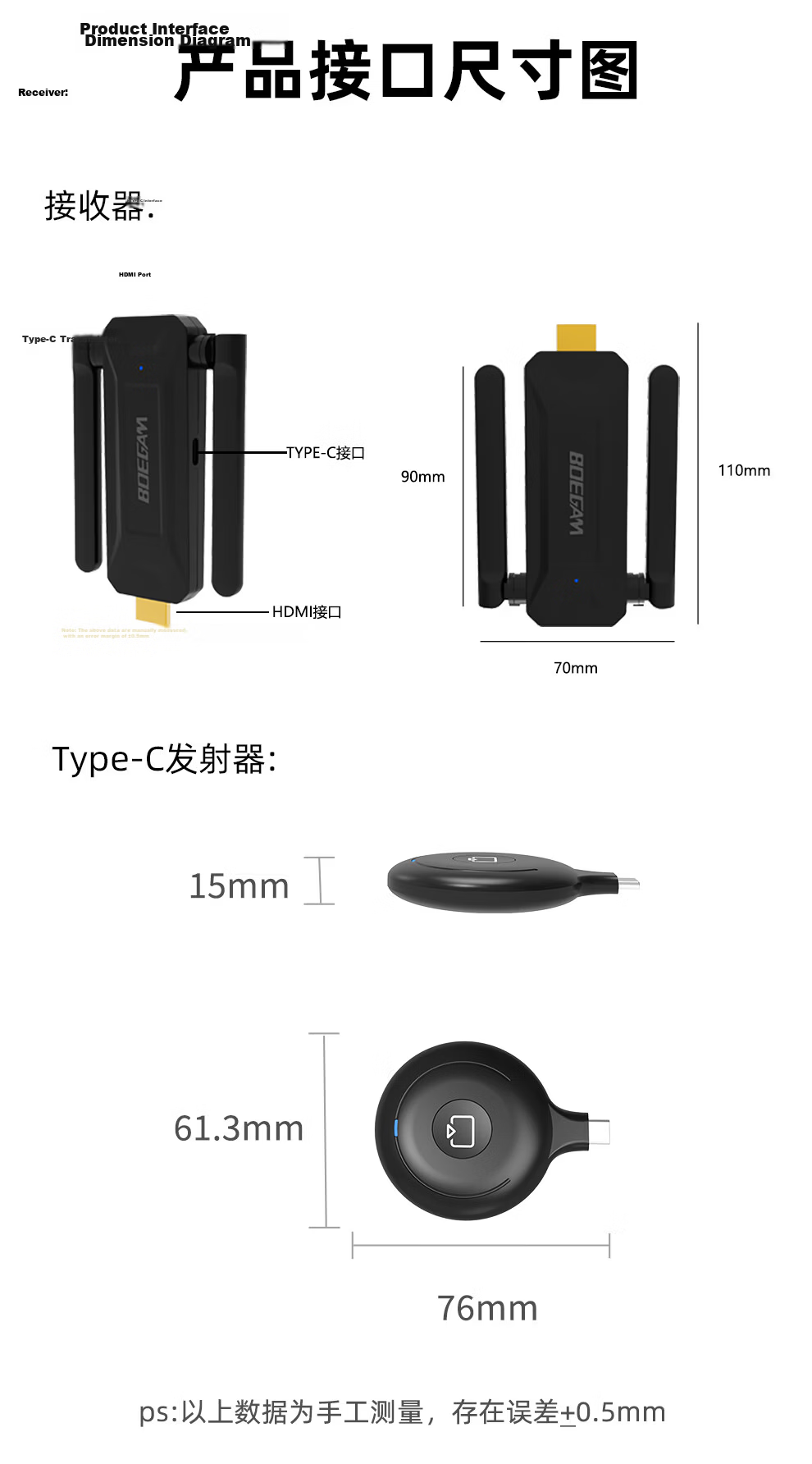 BOEGAM Wireless Screen Mirroring Device Audio Video Capture Card Conference Office Teaching Home Live Streaming Screen Sharing Phone Computer All-in-One Projector TV Display BG-5S Type-C 20