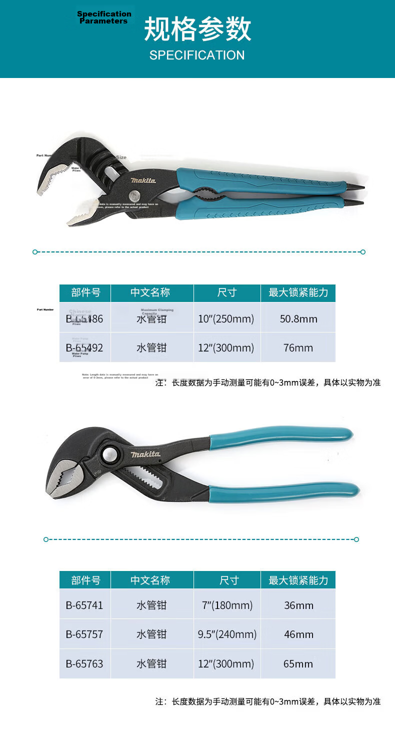 MAKITA Two-Piece Adjustable Heavy-Duty Open-End Wrench Pipe Pliers 10" 250mm B-65486 3
