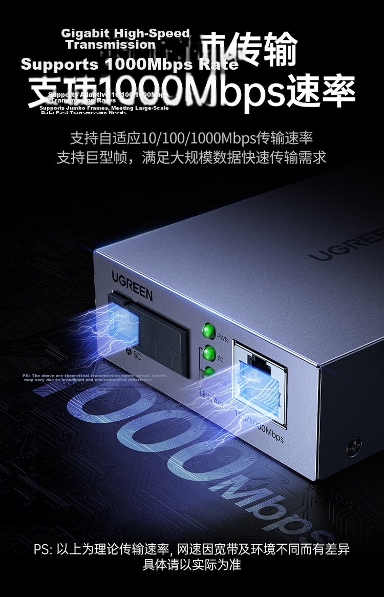 Ugreen Gigabit Fiber Optic Transceiver Single-mode Single-fiber Optical Converter Surge Protection Fiber to Ethernet Network Monitoring SC 20KM Adaptive Pair 35387 11