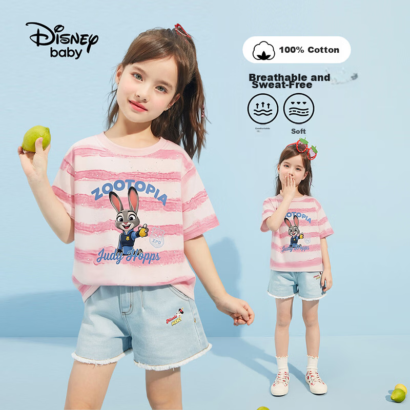 Disney Zootopia Girls' Short Sleeve T-Shirt Judy Print Cotton Pink Size 110