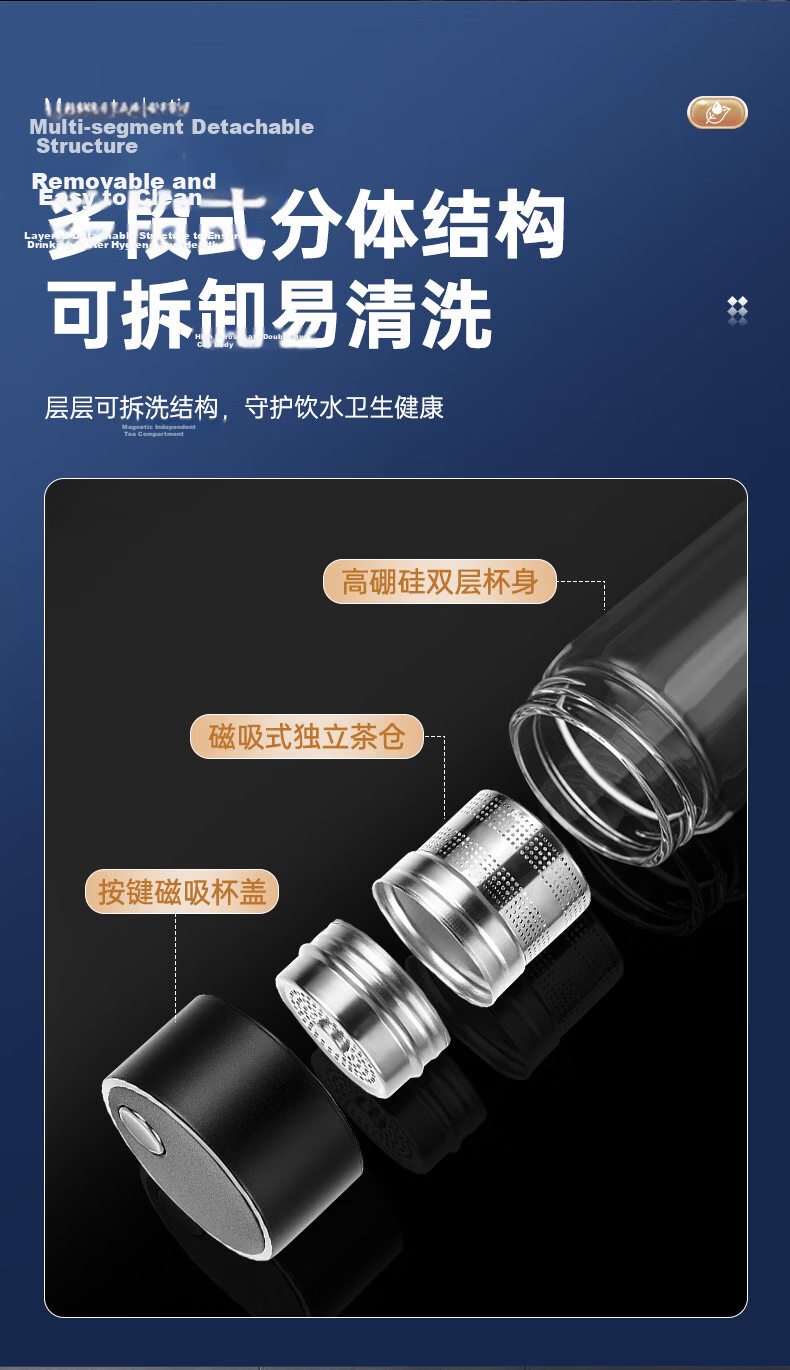Fuzao Tea Separation Cup Magnetic Spring Brewing Magnetic Glass Water Cup Men's Double-Layer Anti-Scald Portable Car-Use High-Temperature Resistant 14
