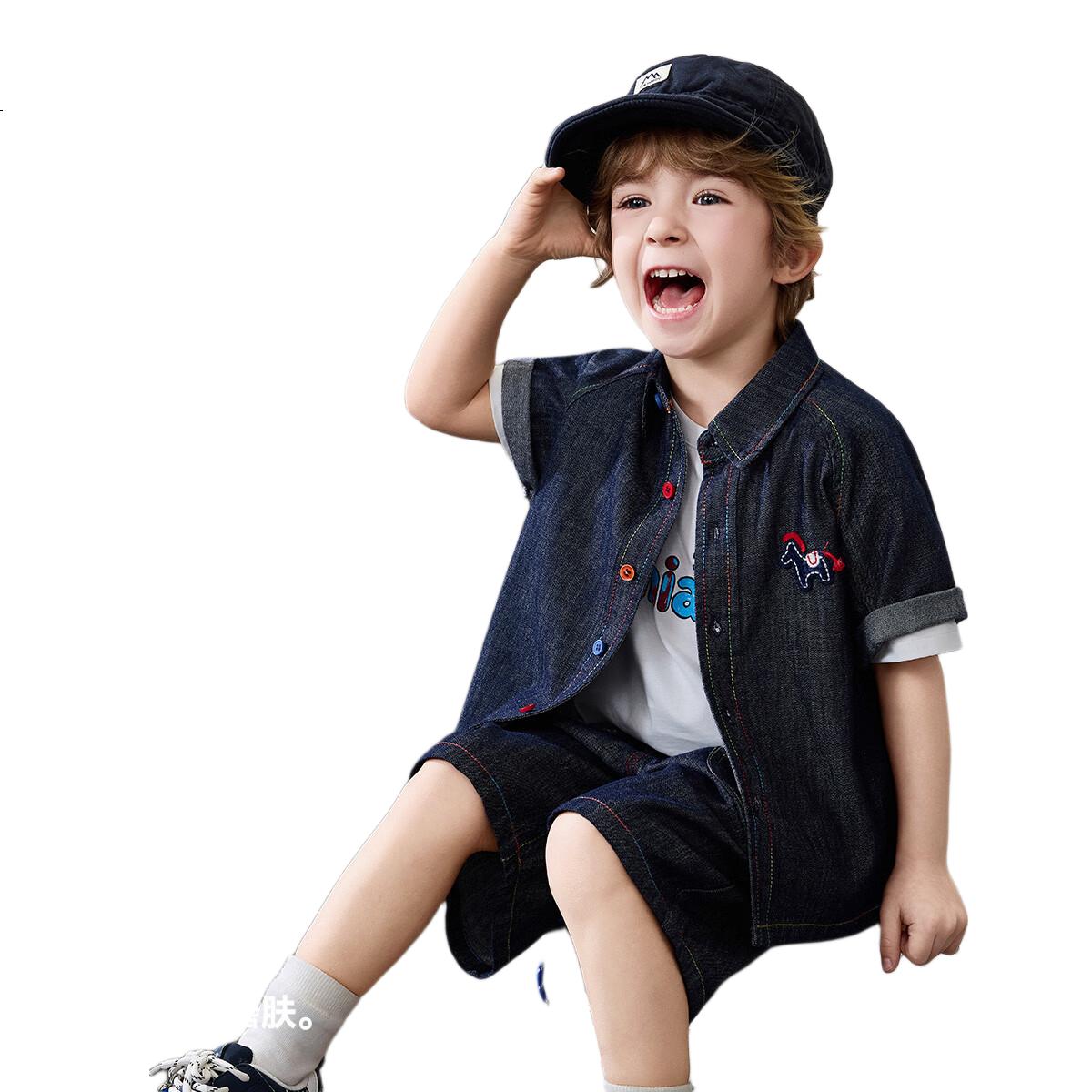 ASK JUNIOR Kids Summer Set New Boys' College Style Casual Versatile Denim Shirt and Shorts Toddler Two-Piece Set