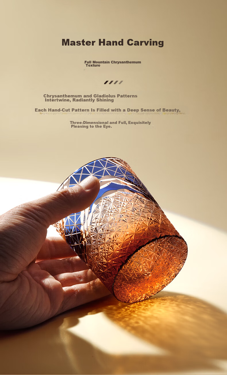 CLITON Full Mountain Chrysanthemum Amber Whiskey Glass Hand-Cut Crystal Liquor Glass Rock Spirit Glass Cup 3