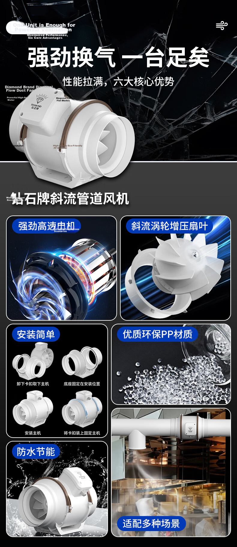 Diamond Brand Duct Fan Axial Flow Exhaust Fan Industrial Ventilation Fan Kitchen Bathroom Commercial High Suction Smoke Exhaust Fan 4 Inch Stepless Speed Control 98mm Opening 5