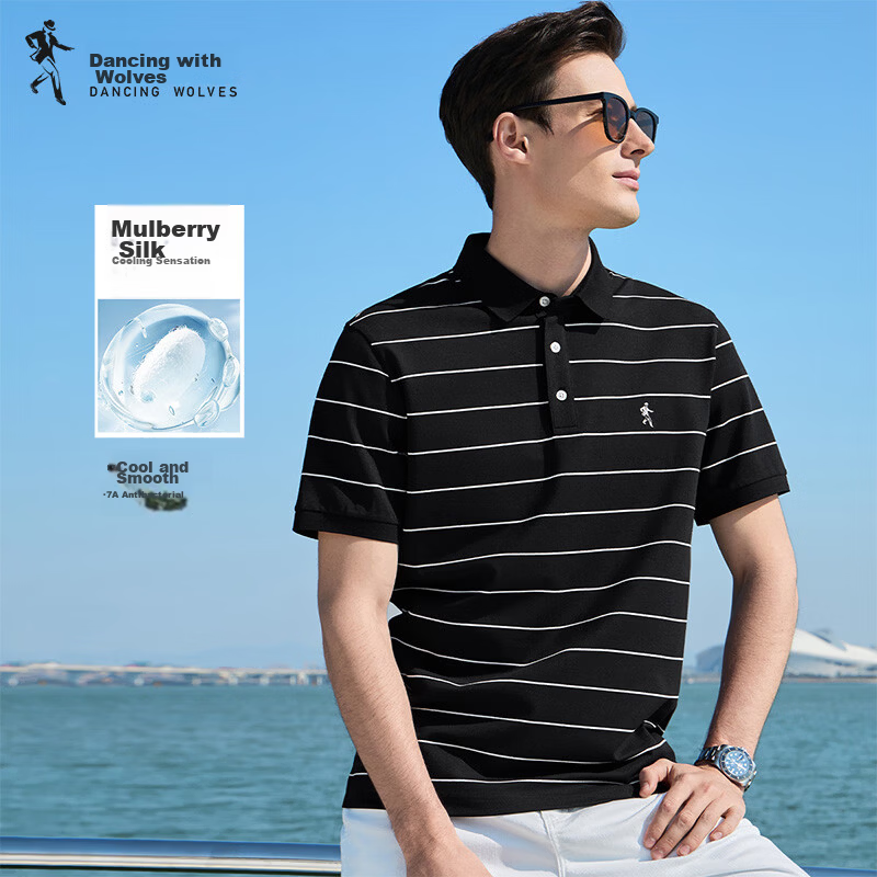 DANCING WOLVES Instant Cooling Mulberry Silk Smooth Striped Short Sleeve Polo Shirt Men's Casual Top 001 Black M