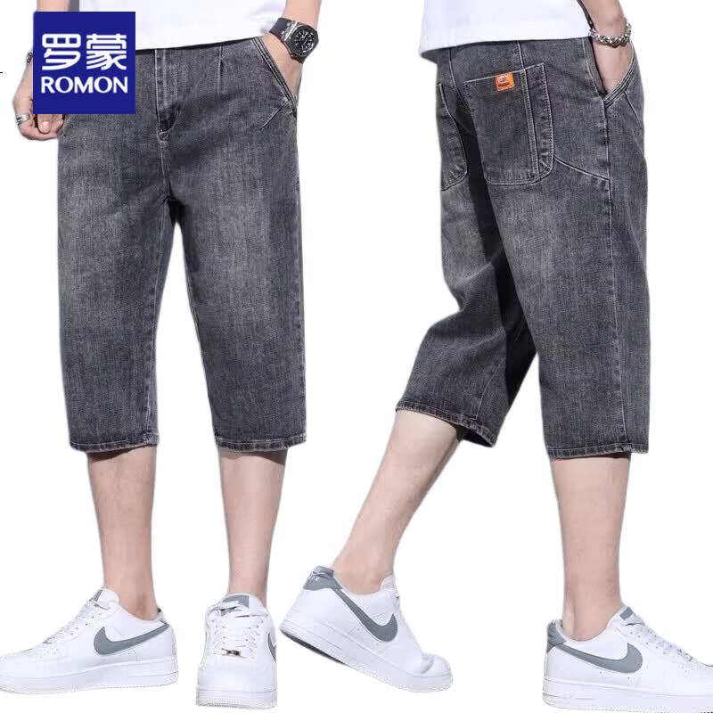 ROMON Men's Denim Shorts Summer Thin 7/8 Length Loose Straight-Leg Casual Pants