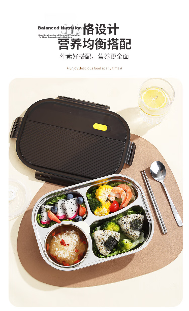 Yolunmei 304 Stainless Steel Divided Lunch Tray Large Capacity Covered Five-Compartment Bento Box for Office Workers and Children 5
