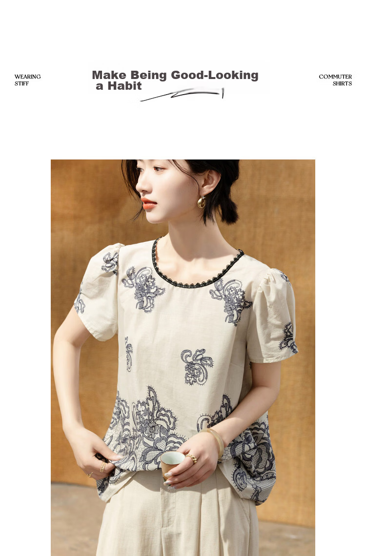Demana [Oxygen Pure Cotton] Summer Elegant Style Round Neck Lace Printed A-Line Slimming Concealing Shirt for Women Premium Feel 9