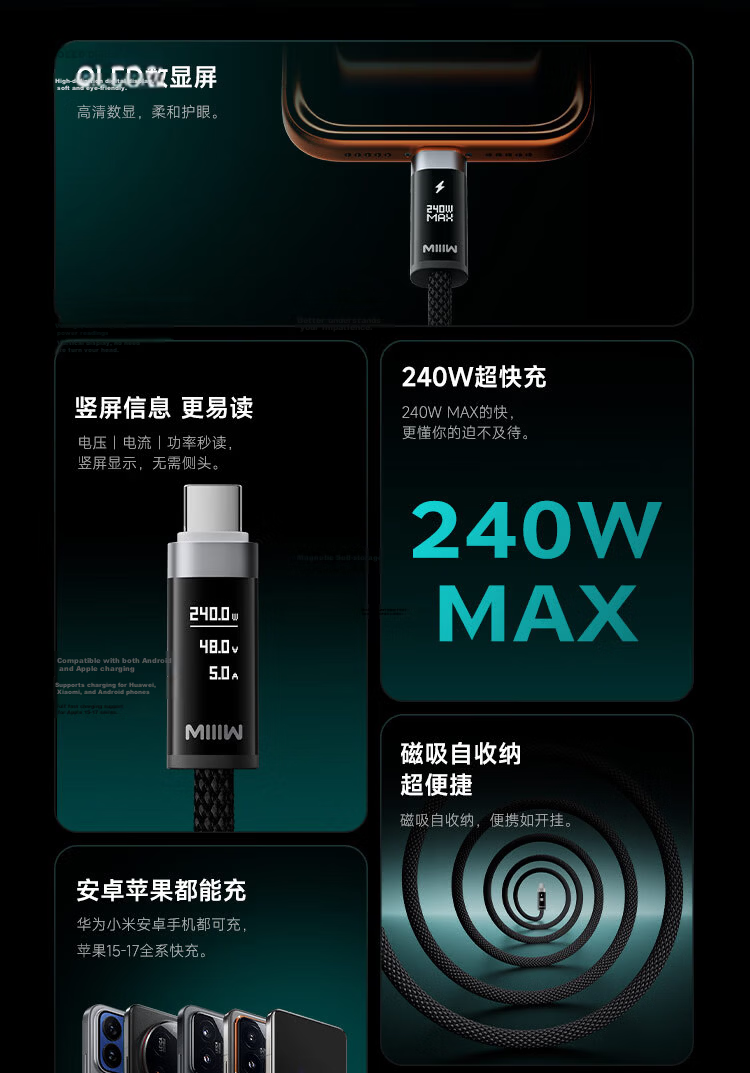 MIIIW Digital Display Magnetic Type-C 240W 6A Braided Fast Charging Cable for Apple 17/Xiaomi/Huawei/Laptops 1m 4