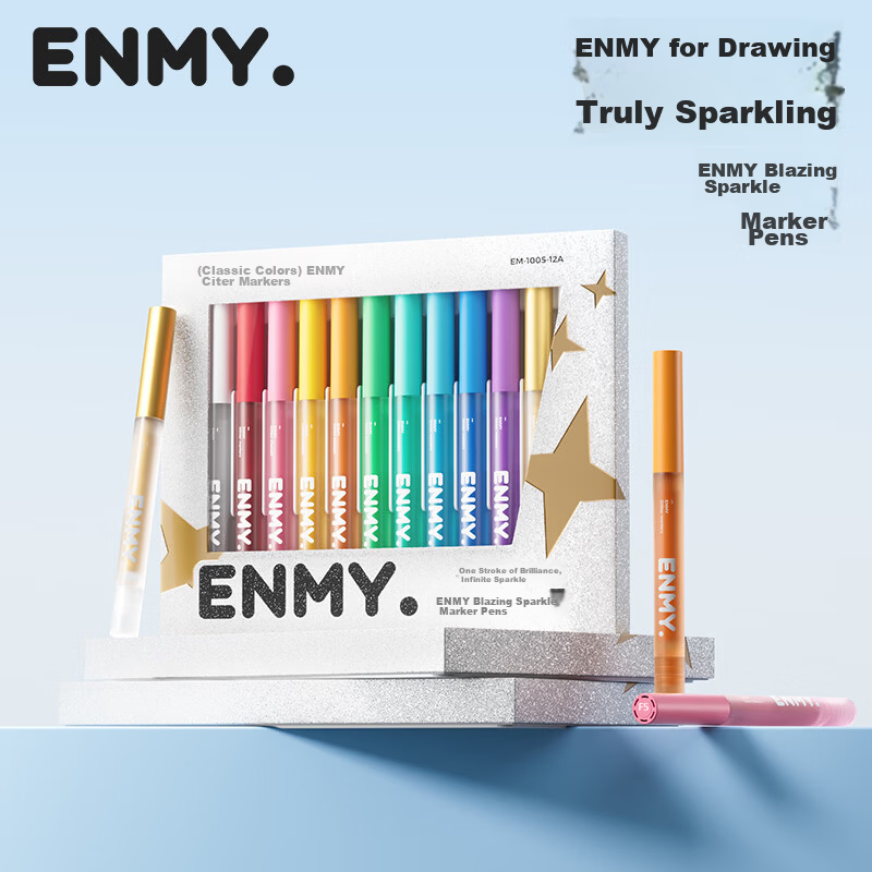 Enmy Flashing Acrylic Markers 12 Colors Professional Drawing Pens Colorful Glitter Gold Silver Watercolor Pens for Kids Students Birthday Gift
