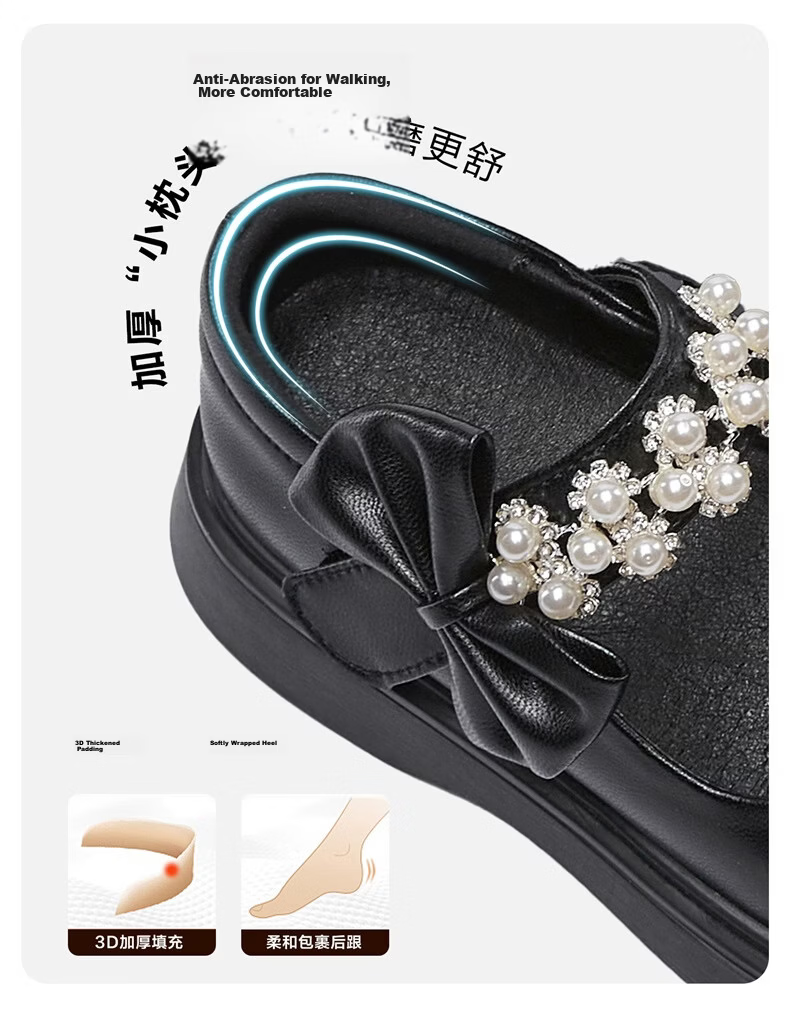 Eierkang Girls Black Leather Classic Pearl Bow Princess Shoes Student Performance Soft Sole Flats Black Size 32 7