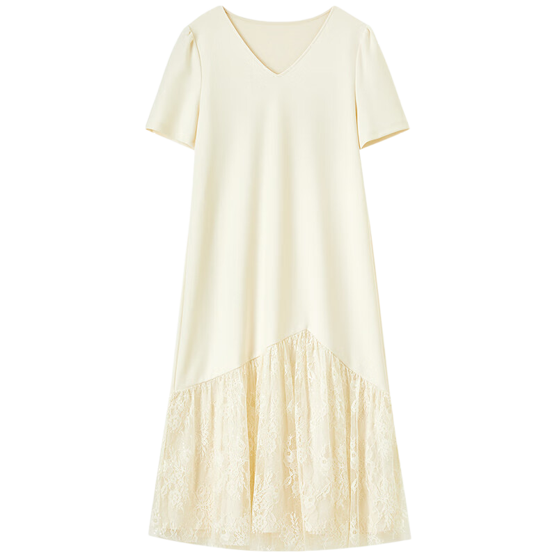 Sentubila V-Neck Patchwork Curved Hem Sequin Embroidered Short Sleeve Dress for Women Summer Elegant Mid-Length Dress