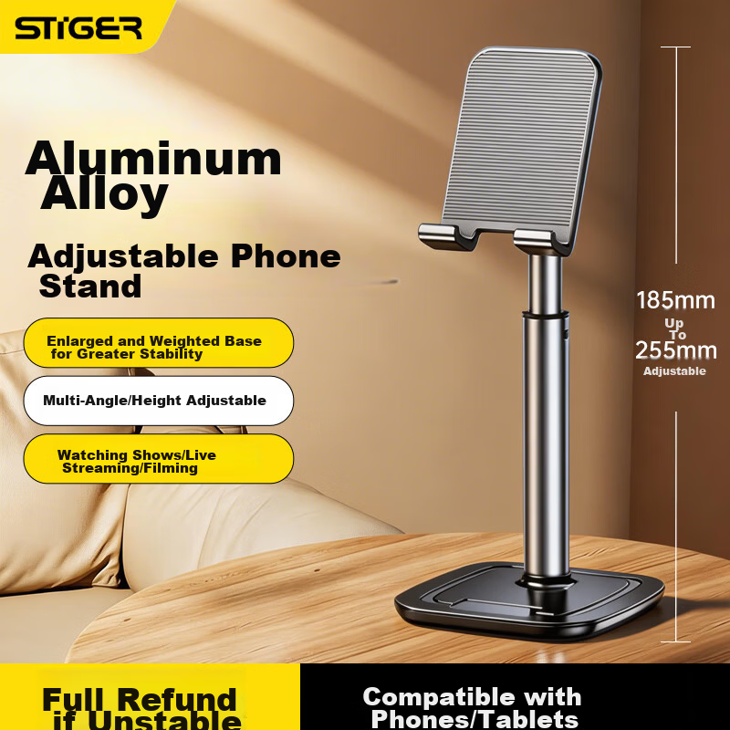 STEK【Upgraded Aluminum Alloy】Universal Adjustable Mobile Phone and Tablet Stand for iPad, Lazy Bed Live Streaming, Photography Support, Office Desktop, Black
