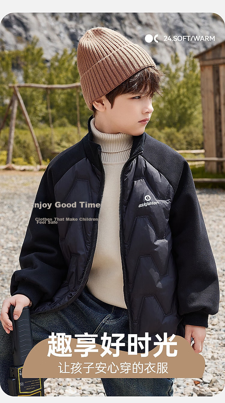 ASK JUNIOR Boys' Down Jacket Autumn Winter Warm 90% Down Raglan Sleeve Zip-up Coat Black 160cm 2