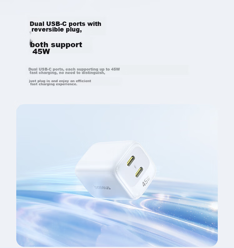 Baseus Mini Ice Charger [Dual C Ports] Apple 17 Charging Head 45W GaN Charger AVS Protocol Dual-Port Fast Charger Compatible with iPhone 17 Pro/16 Huawei Black Plug 7