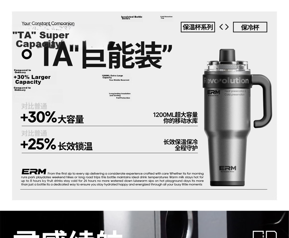 ERM Insulated Tumbler Large Capacity Men's Giant Ceramic Liner Car Straw Cup 2