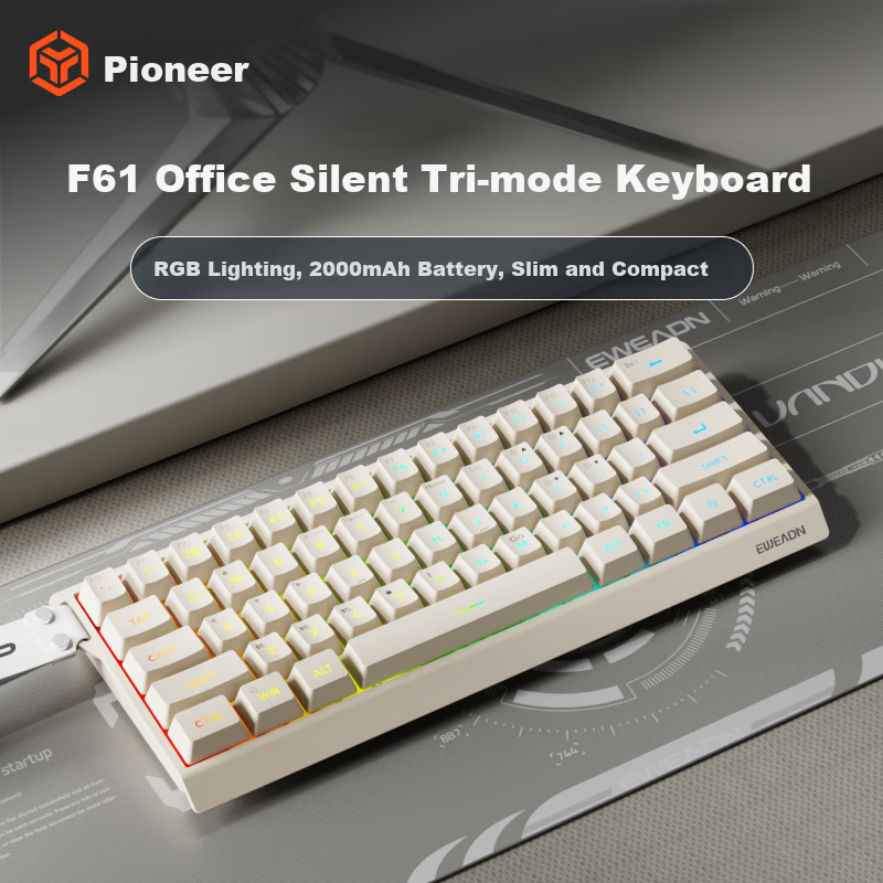 EWEADN F61 Wireless Keyboard Wired Bluetooth Tri-mode Silent Mechanical Feel Gaming Portable 61-Key Membrane Keyboard for PC Laptop Tablet iPad