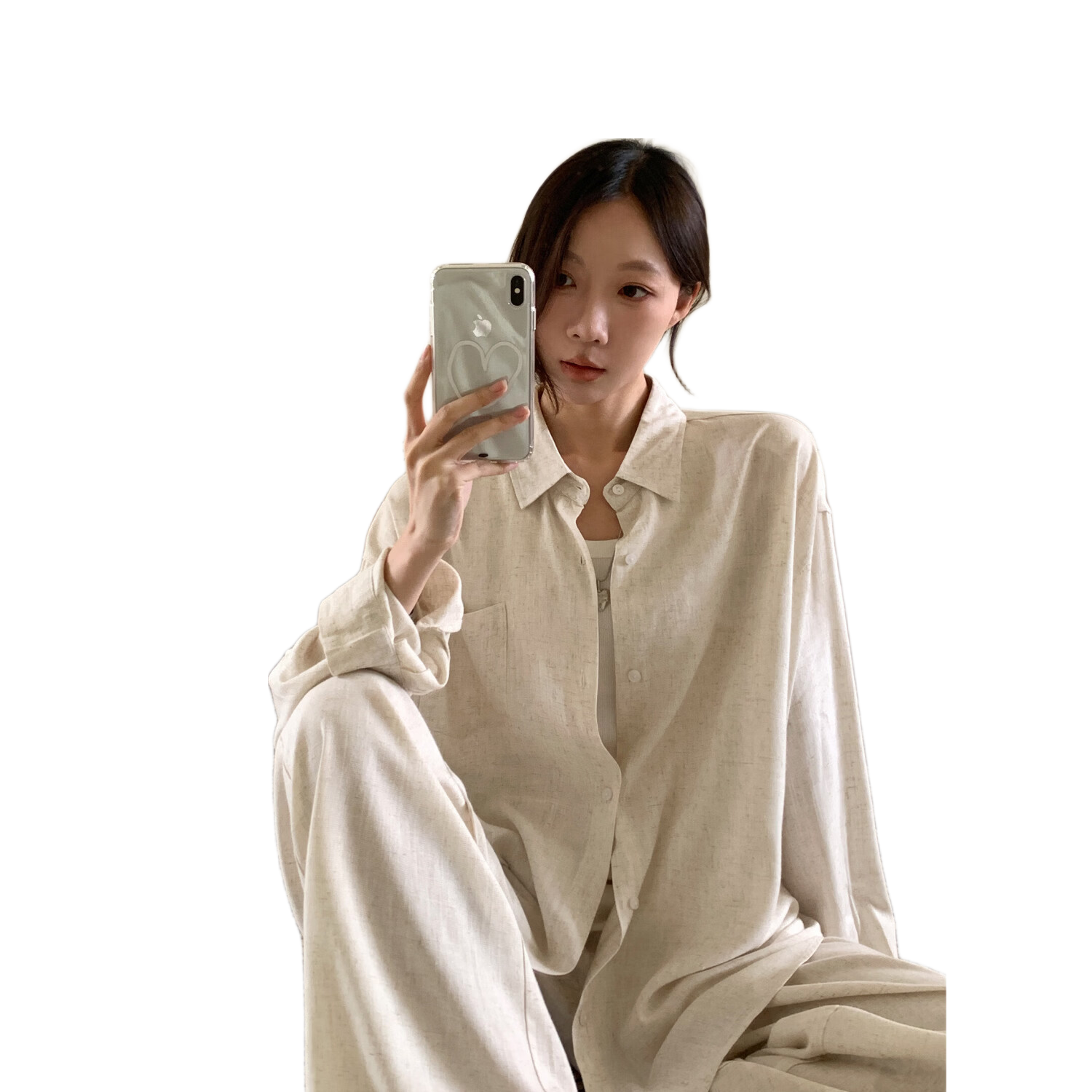 ICH MODE "Bangkok Holiday" Linen Shirt Women Lazy Style Physical Sun Protection Long Sleeve Shirt Linen Color L