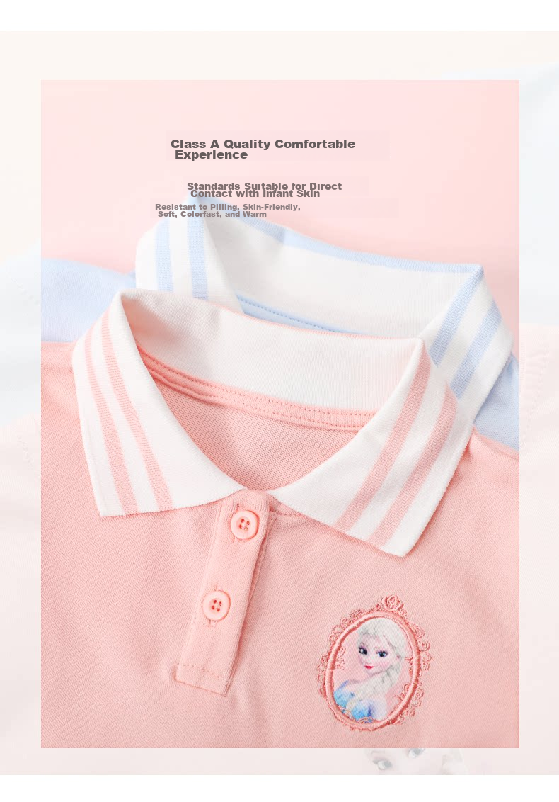 Disney Elsa Princess Girls' Short Sleeve Polo Shirt Pure Cotton Fashion Children's T-Shirt Summer Lightweight for Older Kids 4