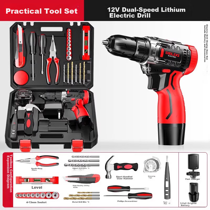 DELIXI 12V Lithium Electric Drill Tool Set Household Hardware Electrician Carpenter Multifunctional Repair Toolbox Complete Kit
