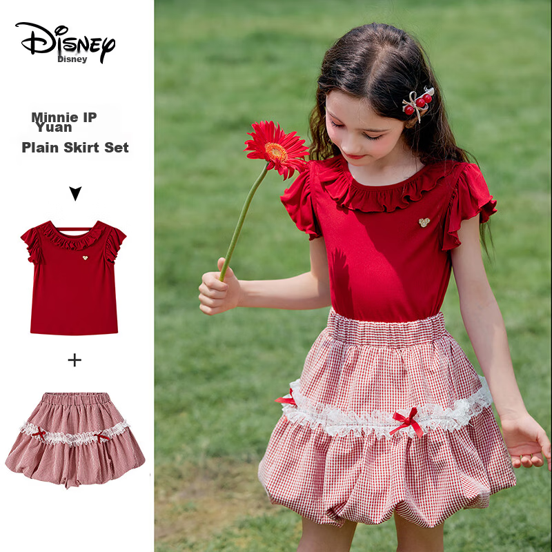 Disney Girls Summer Outfit 2026 New Lace Short Sleeve T-Shirt and Bloomers Skirt Two-Piece Set