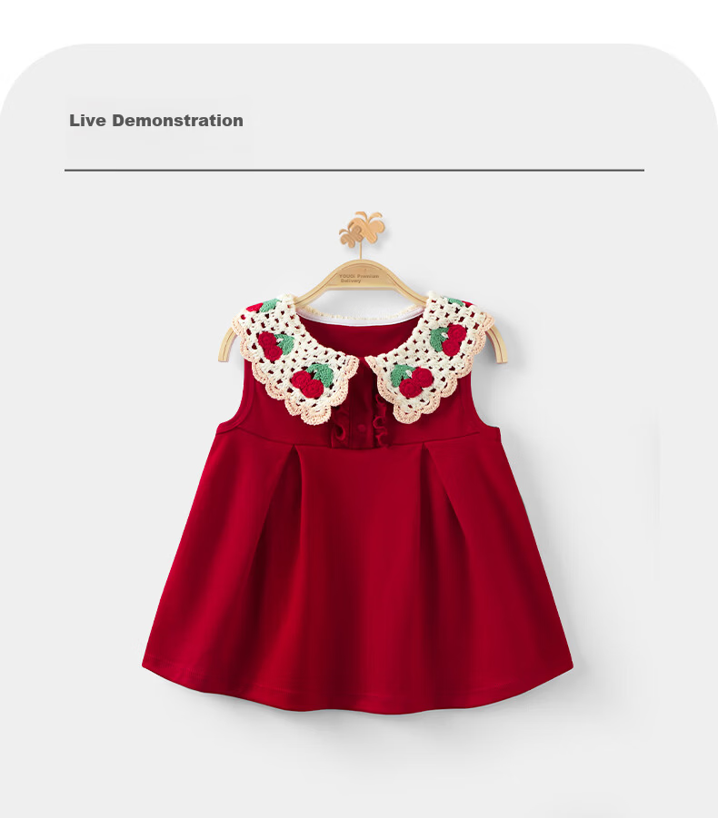 Youqi Girls 2026 Summer New Red Cherry Lightweight Breathable Sweet Princess Dress for Toddler Birthday 13
