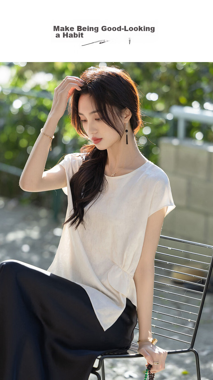 Demana "Cool Elegance" Summer Chinese Style New Satin Jacquard Sleeve Pleated Loose Slim Shirt for Women Premium 1