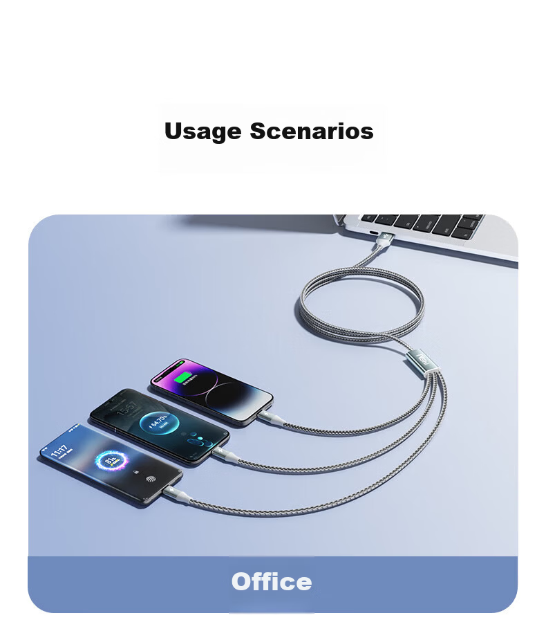 3-in-1 Data Charging Cable for Apple Type-C Android, 6A Fast Charge, Compatible with iPhone 17/16, Huawei, Honor, Xiaomi, Samsung, Car Use, 1.5m 12